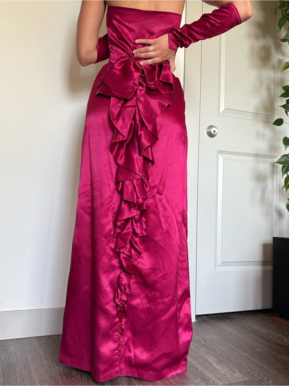 Vintage Fuchsia Satin Strapless Evening Gown Wedding Guest Dress Size Small